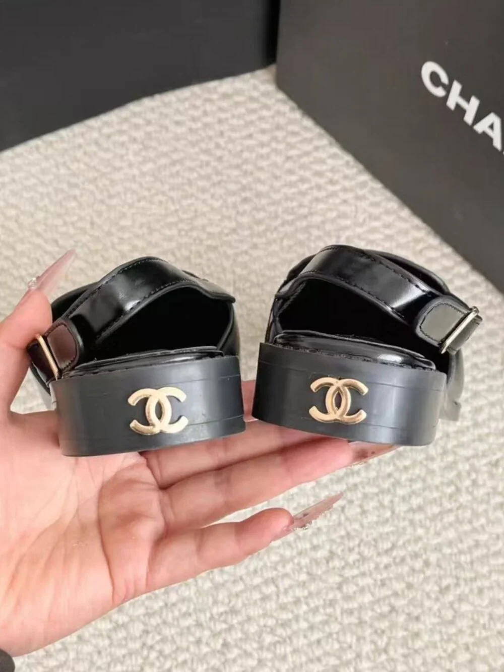 Chanel Crystal CC Logo Black Leather Slingback Loafers